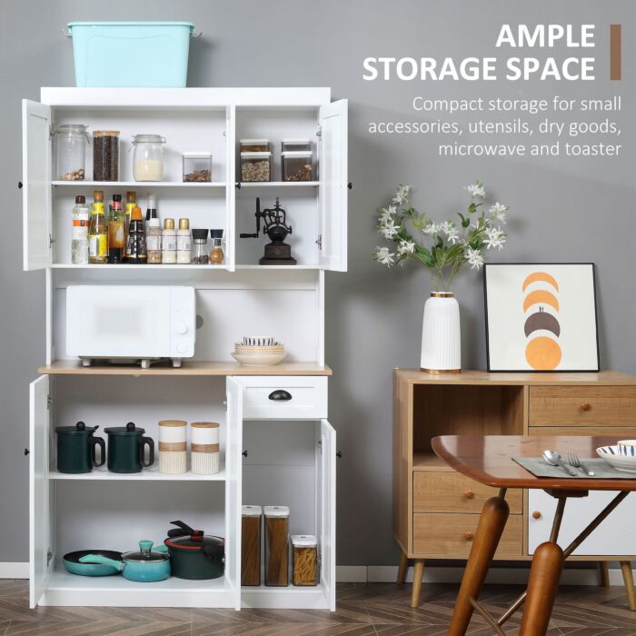 Homcom Modern Kitchen Cupboard, Kitchen Storage Cabinet With Microwave Oven Countertop, Drawer, White