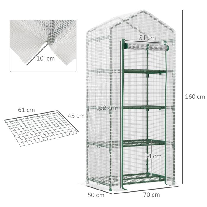 Outsunny 4 Tier Mini Greenhouse, Portable Green House With Steel Frame, Pe Cover, Roll-up Door, 70 X 50 X 160 Cm, White