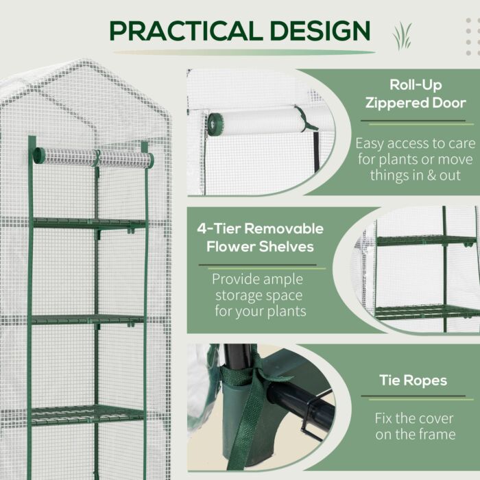 Outsunny 4 Tier Mini Greenhouse, Portable Green House With Steel Frame, Pe Cover, Roll-up Door, 70 X 50 X 160 Cm, White