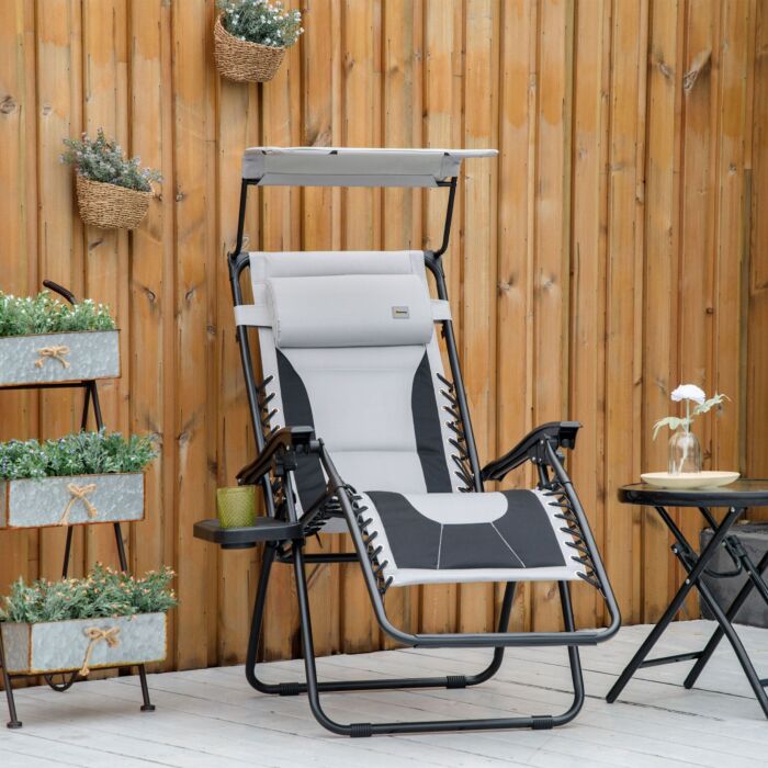Outsunny Zero Gravity Lounger Chair, Folding Reclining Patio Chair With Shade Cover, Cup Holder And Headrest For Poolside, Grey