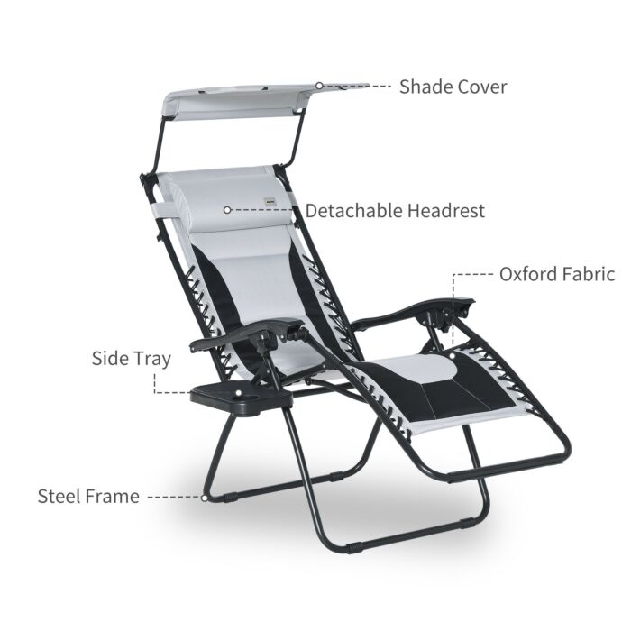 Outsunny Zero Gravity Lounger Chair, Folding Reclining Patio Chair With Shade Cover, Cup Holder And Headrest For Poolside, Grey