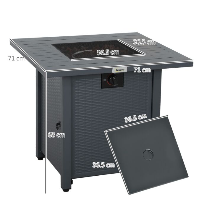 Outsunny Rattan-style Propane Gas Fire Pit Table With 40,000 Btu Burner, Square Smokeless Firepit Patio Heater With Thermocouple, Lava Rocks, Waterproof Cover, Spark Guard And Lid, Grey