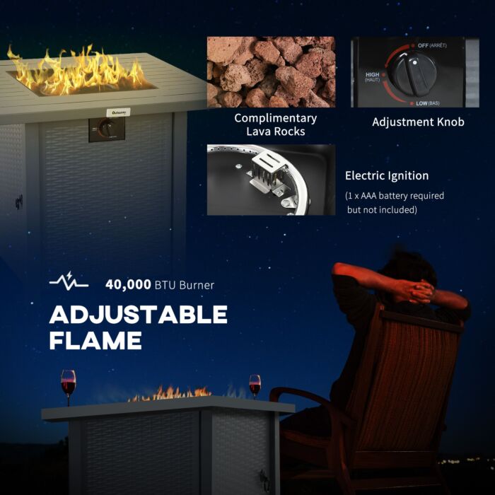 Outsunny Rattan-style Propane Gas Fire Pit Table With 40,000 Btu Burner, Square Smokeless Firepit Patio Heater With Thermocouple, Lava Rocks, Waterproof Cover, Spark Guard And Lid, Grey