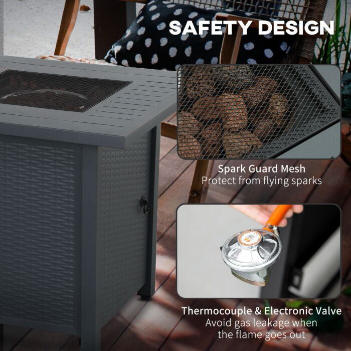 Outsunny Rattan-style Propane Gas Fire Pit Table With 40,000 Btu Burner, Square Smokeless Firepit Patio Heater With Thermocouple, Lava Rocks, Waterproof Cover, Spark Guard And Lid, Grey
