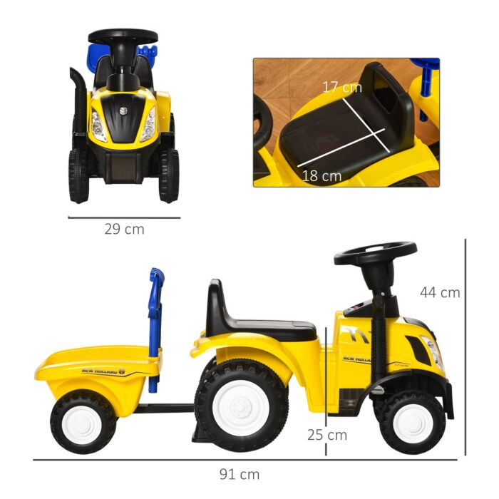 Homcom Compatible Baby Toddler Sliding Car New Holland Licensed Foot To Floor Slider W/ Horn Storage Big Steering Wheel For 12-36 Months Yellow