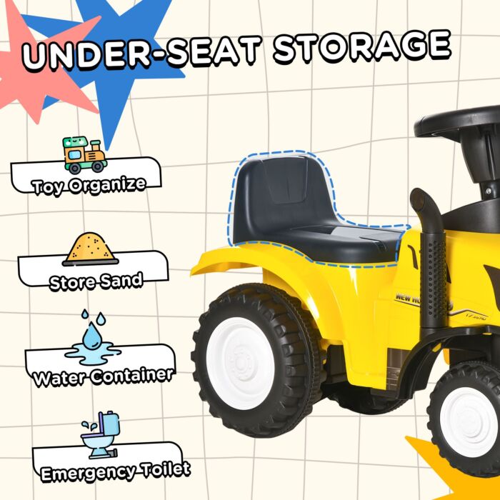 Homcom Compatible Baby Toddler Sliding Car New Holland Licensed Foot To Floor Slider W/ Horn Storage Big Steering Wheel For 12-36 Months Yellow