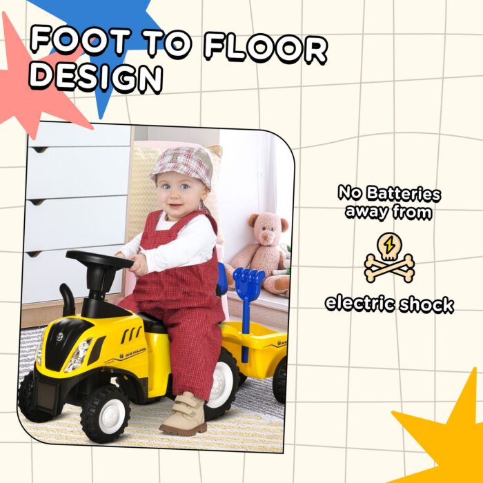 Homcom Compatible Baby Toddler Sliding Car New Holland Licensed Foot To Floor Slider W/ Horn Storage Big Steering Wheel For 12-36 Months Yellow