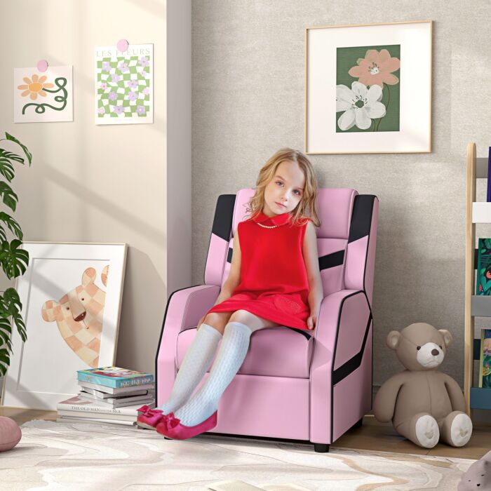 Aiyaplay 2 In 1 Kids Chair Recliner With Backrest, Armrest, Footrest, Pu Leather, For 3-9 Years Old, Pink