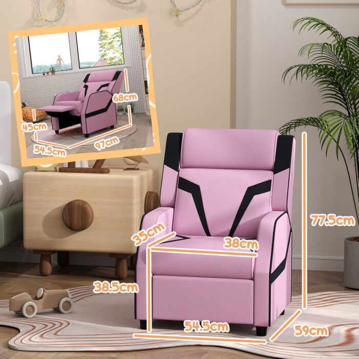 Aiyaplay 2 In 1 Kids Chair Recliner With Backrest, Armrest, Footrest, Pu Leather, For 3-9 Years Old, Pink