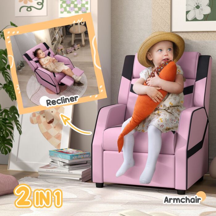 Aiyaplay 2 In 1 Kids Chair Recliner With Backrest, Armrest, Footrest, Pu Leather, For 3-9 Years Old, Pink