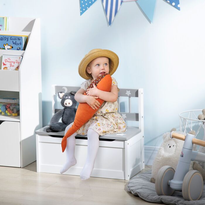 Zonekiz 2-in-1 Wooden Toy Box, Kids Storage Bench Toy Chest With Safety Pneumatic Rod, Star & Moon Pattern, Grey