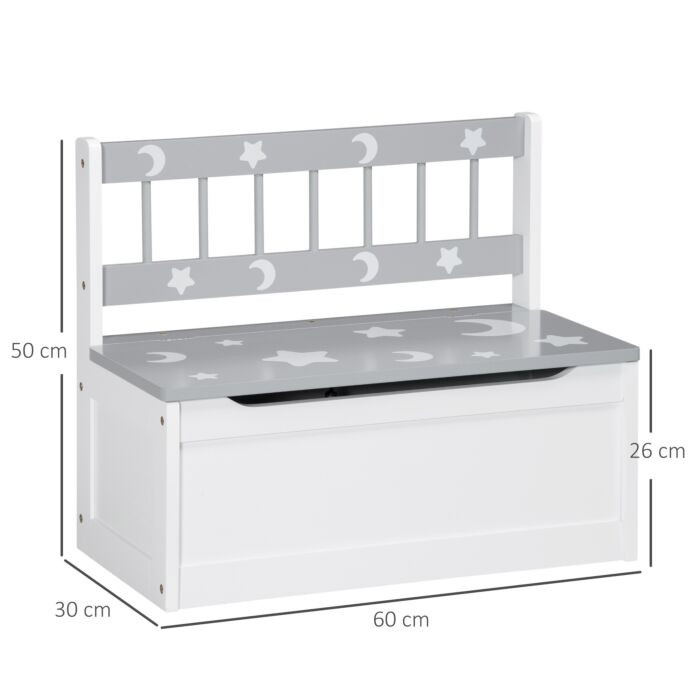 Zonekiz 2-in-1 Wooden Toy Box, Kids Storage Bench Toy Chest With Safety Pneumatic Rod, Star & Moon Pattern, Grey