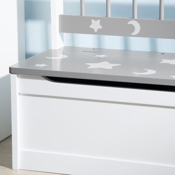 Zonekiz 2-in-1 Wooden Toy Box, Kids Storage Bench Toy Chest With Safety Pneumatic Rod, Star & Moon Pattern, Grey