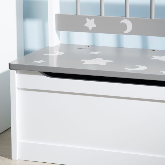 Zonekiz 2-in-1 Wooden Toy Box, Kids Storage Bench Toy Chest With Safety Pneumatic Rod, Star & Moon Pattern, Grey