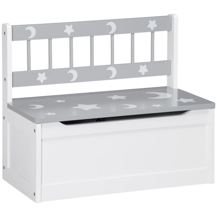 Zonekiz 2-in-1 Wooden Toy Box, Kids Storage Bench Toy Chest With Safety Pneumatic Rod, Star & Moon Pattern, Grey