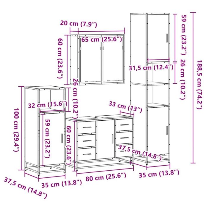 Vidaxl 4 Piece Bathroom Furniture Set Smoked Oak Engineered Wood
