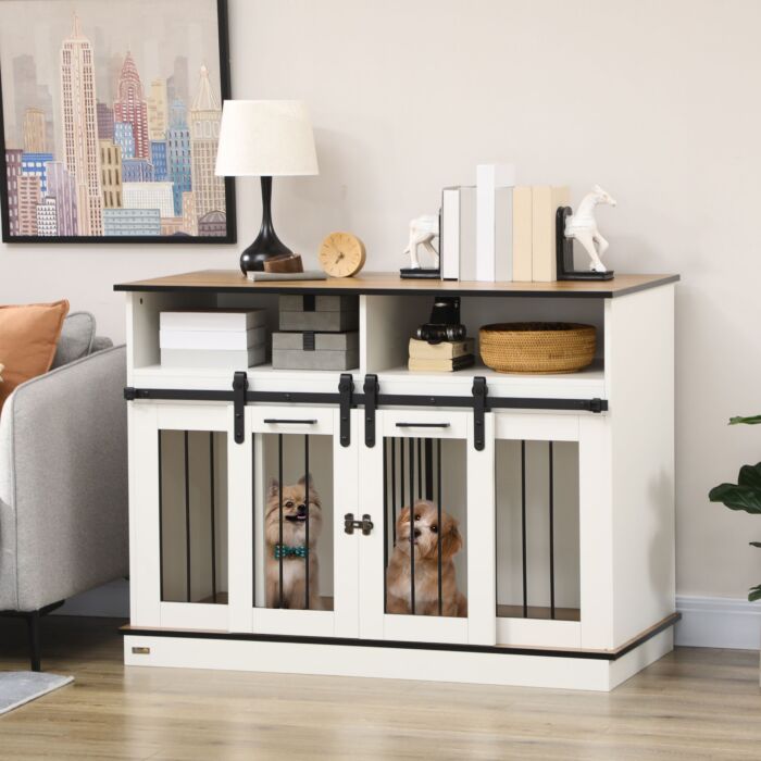 Pawhut Dog Crate Furniture For Small & Large Dogs With Movable Divider, Dog Cage End Table With Shelves, Sliding Doors, 120 X 60 X 88.5 Cm, White