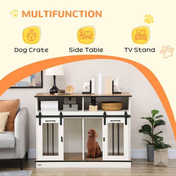 Pawhut Dog Crate Furniture For Small & Large Dogs With Movable Divider, Dog Cage End Table With Shelves, Sliding Doors, 120 X 60 X 88.5 Cm, White