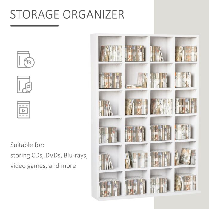 Homcom 480 Cd / 312 Dvd Storage Shelf Rack Media Storage Unit Shelves Racks Wooden Bookcase Display Unit With 4 Adjustable Shelves White