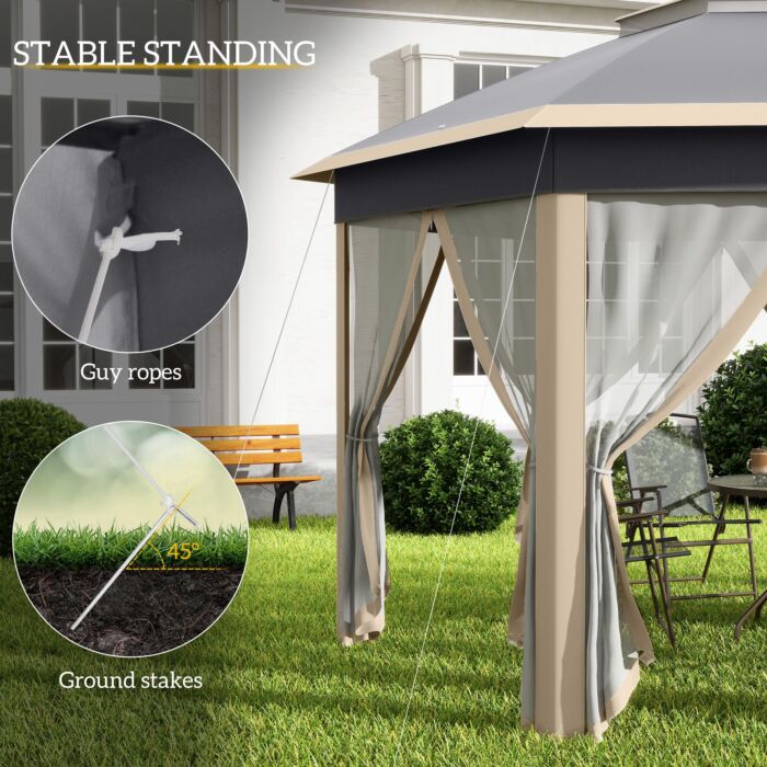 Outsunny Hexagon Pop Up Gazebo Outdoor Patio Gazebo Double Roof Instant Shelter With Netting, 3 X 4m, Khaki