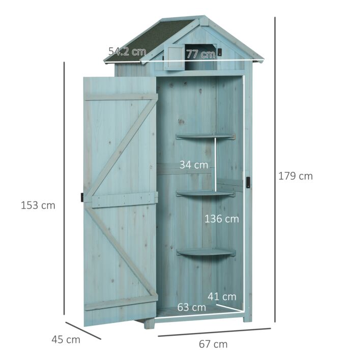 Outsunny Garden Shed Vertical Utility 3 Shelves Shed Wood Outdoor Garden Tool Storage Unit Storage Cabinet, 77 X 54.2 X 179cm - Blue