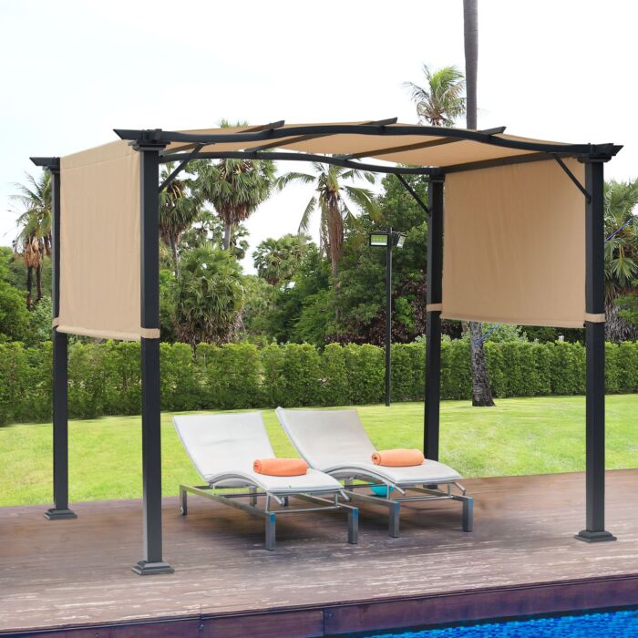 Outsunny Outdoor Retractable Pergola Garden Gazebo With Two Adjustable Side Canopy Overhead Sun Shade Backyard Canopy Cover, Steel Khaki 3x2.45x2.3m