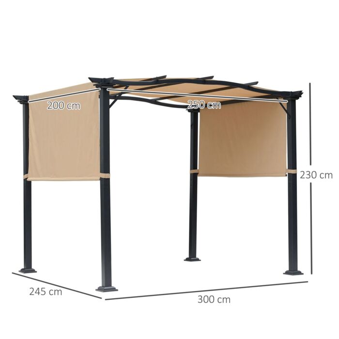 Outsunny Outdoor Retractable Pergola Garden Gazebo With Two Adjustable Side Canopy Overhead Sun Shade Backyard Canopy Cover, Steel Khaki 3x2.45x2.3m