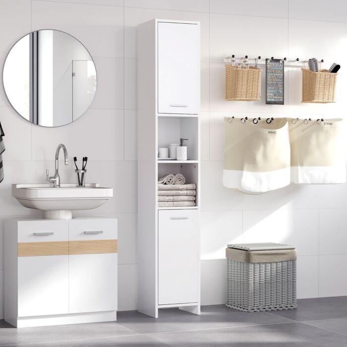Homcom Slim Bathroom Tall Cabinet, High Floor Cabinet Unit For Bathroom, Freestanding Storage Cabinet With 2 Doors And Adjustable Shelves, White