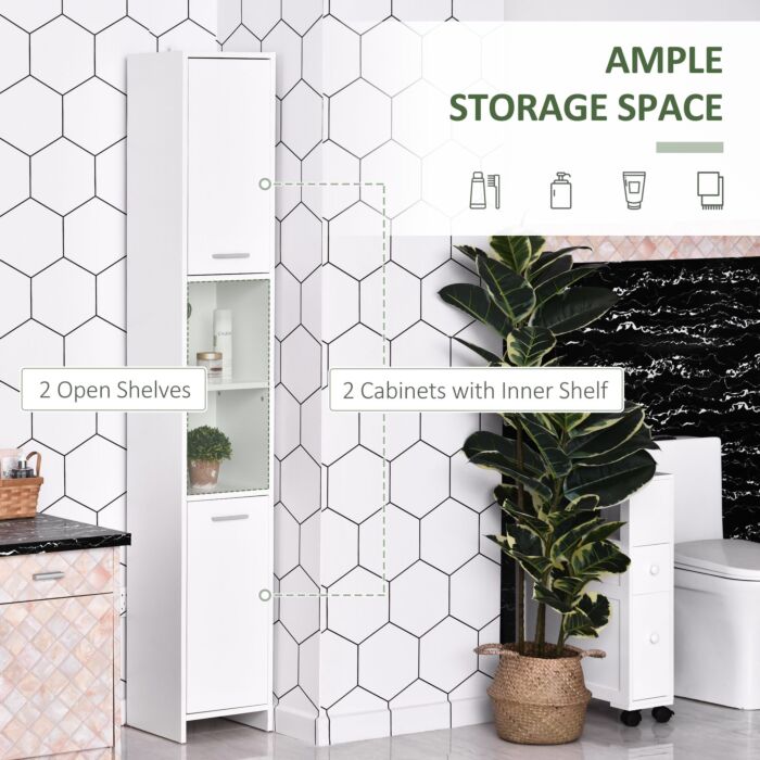 Homcom Slim Bathroom Tall Cabinet, High Floor Cabinet Unit For Bathroom, Freestanding Storage Cabinet With 2 Doors And Adjustable Shelves, White