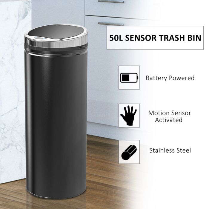 Homcom 50l Stainless Steel Sensor Trash Can W/ Bucket-black