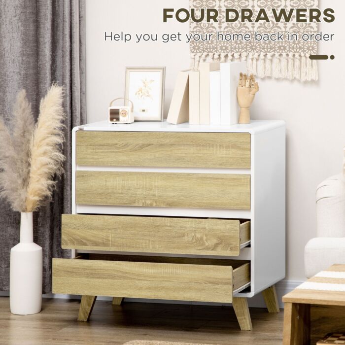Homcom Drawer Chest, 4-drawer Storage Organiser, 80cmx40cmx79.5cm, White And Natural
