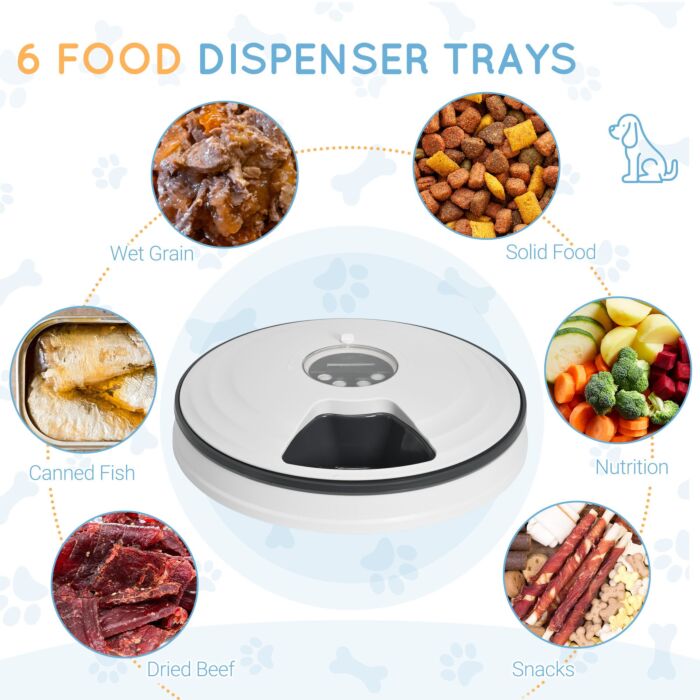 Pawhut Automatic Pet Dog Cat Feeder With Digital Timer, 6-meal Food Dispenser Trays For Wet Or Dry Pet Food, Led Display Power By Battery