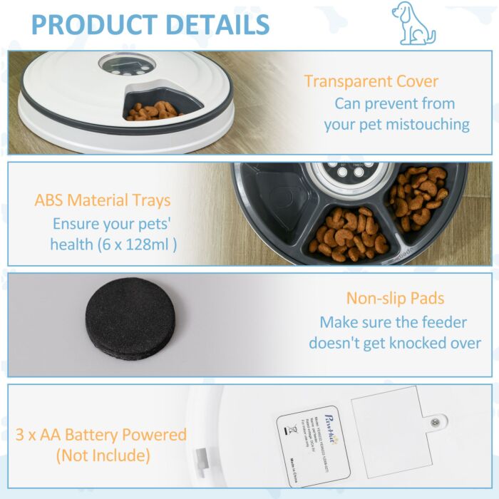 Pawhut Automatic Pet Dog Cat Feeder With Digital Timer, 6-meal Food Dispenser Trays For Wet Or Dry Pet Food, Led Display Power By Battery