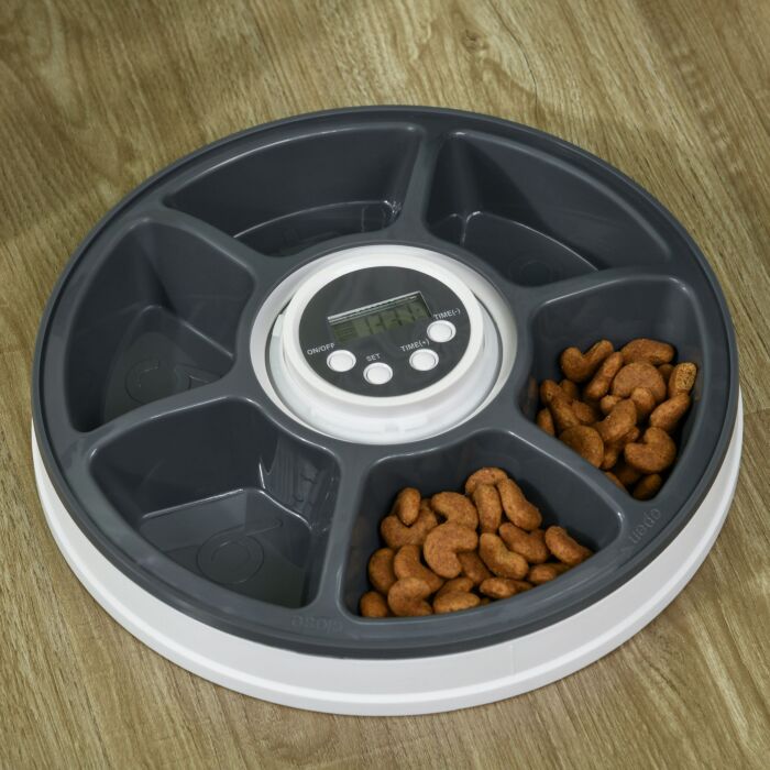 Pawhut Automatic Pet Dog Cat Feeder With Digital Timer, 6-meal Food Dispenser Trays For Wet Or Dry Pet Food, Led Display Power By Battery