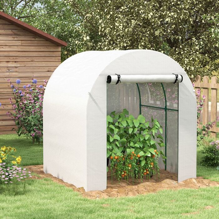 Outsunny Walk In Polytunnel Greenhouse, Green House For Garden With Roll-up Window And Door, 1.8 X 1.8 X 2 M, White
