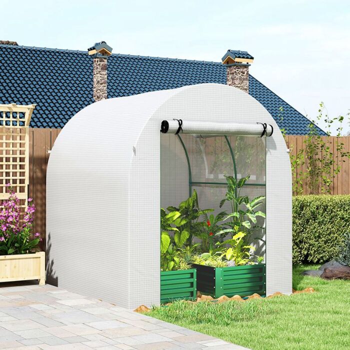 Outsunny Walk In Polytunnel Greenhouse, Green House For Garden With Roll-up Window And Door, 1.8 X 1.8 X 2 M, White