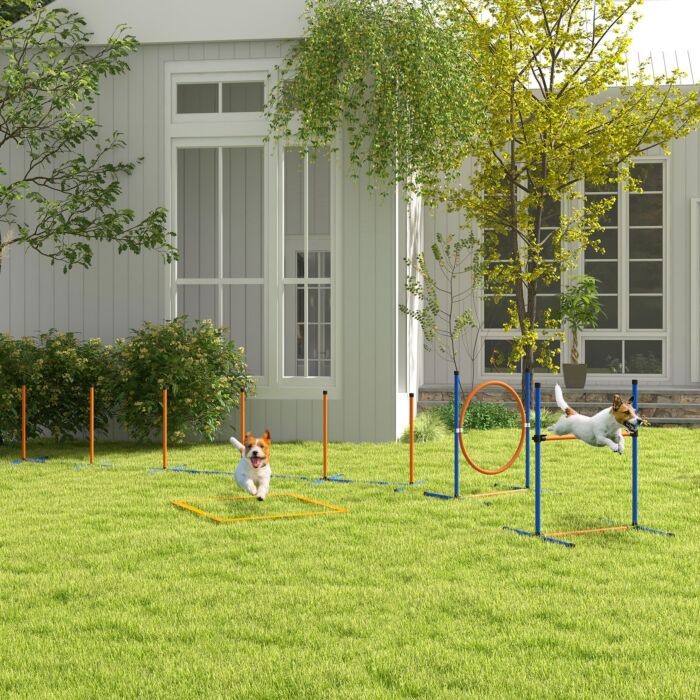 Pawhut Dog Agility Training Equipment With Weave Poles, Jump Ring, Pause Box, Adjustable Hurdle, Carry Bag, Orange