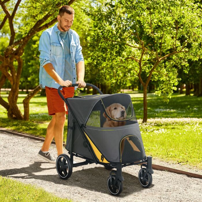 Pawhut Pet Stroller With Universal Front Wheels, Shock Absorber, One Click Foldable Dog Cat Carriage With Brakes, Storage Bags, Mesh Window Dark Grey
