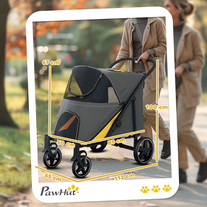 Pawhut Pet Stroller With Universal Front Wheels, Shock Absorber, One Click Foldable Dog Cat Carriage With Brakes, Storage Bags, Mesh Window Dark Grey