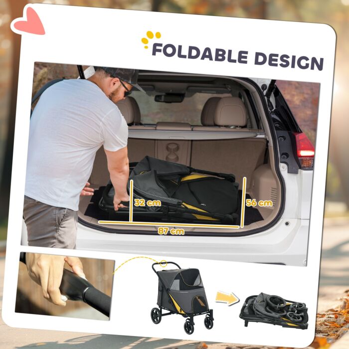 Pawhut Pet Stroller With Universal Front Wheels, Shock Absorber, One Click Foldable Dog Cat Carriage With Brakes, Storage Bags, Mesh Window Dark Grey