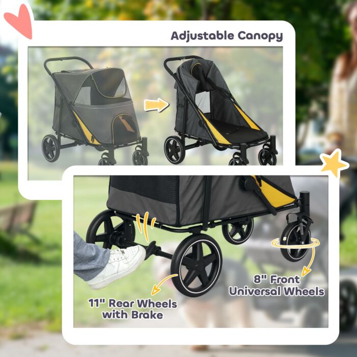 Pawhut Pet Stroller With Universal Front Wheels, Shock Absorber, One Click Foldable Dog Cat Carriage With Brakes, Storage Bags, Mesh Window Dark Grey