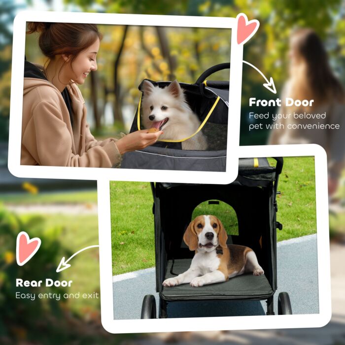 Pawhut Pet Stroller With Universal Front Wheels, Shock Absorber, One Click Foldable Dog Cat Carriage With Brakes, Storage Bags, Mesh Window Dark Grey