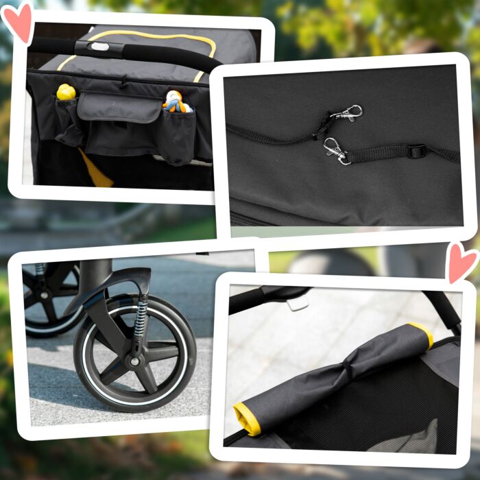 Pawhut Pet Stroller With Universal Front Wheels, Shock Absorber, One Click Foldable Dog Cat Carriage With Brakes, Storage Bags, Mesh Window Dark Grey