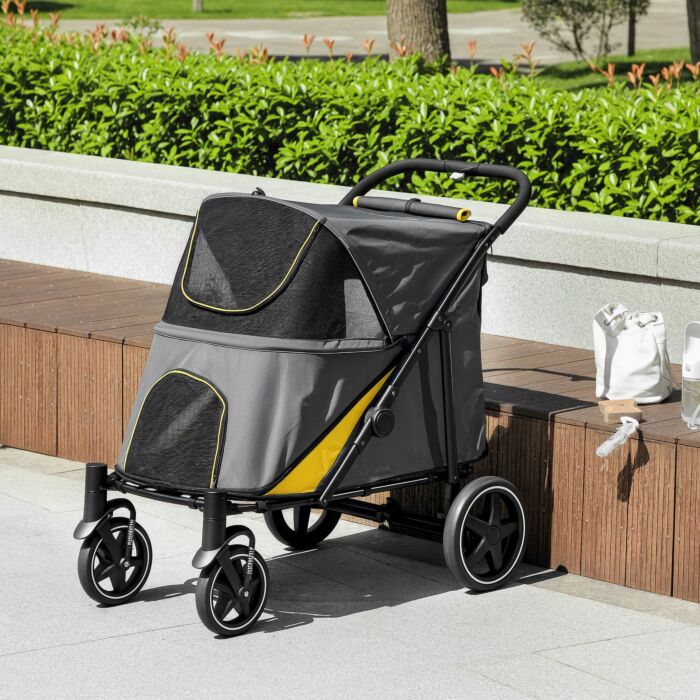 Pawhut Pet Stroller With Universal Front Wheels, Shock Absorber, One Click Foldable Dog Cat Carriage With Brakes, Storage Bags, Mesh Window Dark Grey