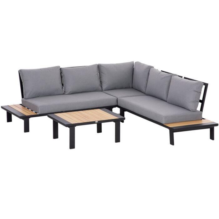 Outsunny 4 Pieces Aluminium Garden Furniture Set L Shape Sofa Set With Tables, Cushions For Indoor, Dark Grey