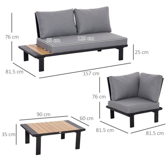 Outsunny 4 Pieces Aluminium Garden Furniture Set L Shape Sofa Set With Tables, Cushions For Indoor, Dark Grey