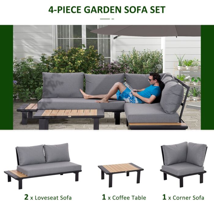 Outsunny 4 Pieces Aluminium Garden Furniture Set L Shape Sofa Set With Tables, Cushions For Indoor, Dark Grey