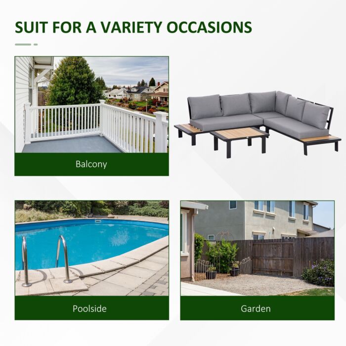 Outsunny 4 Pieces Aluminium Garden Furniture Set L Shape Sofa Set With Tables, Cushions For Indoor, Dark Grey