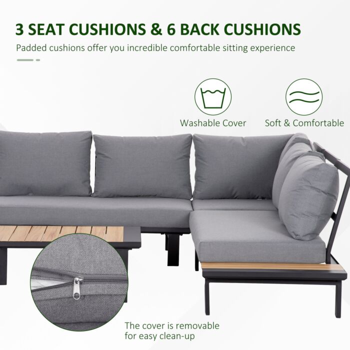 Outsunny 4 Pieces Aluminium Garden Furniture Set L Shape Sofa Set With Tables, Cushions For Indoor, Dark Grey