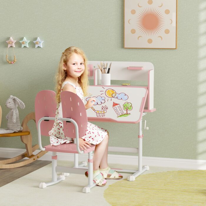 Aiyaplay Height Adjustable Kids Desk And Chair Set, Children School Study Desk With Tiltable Desktop, Reading Rack, Pink
